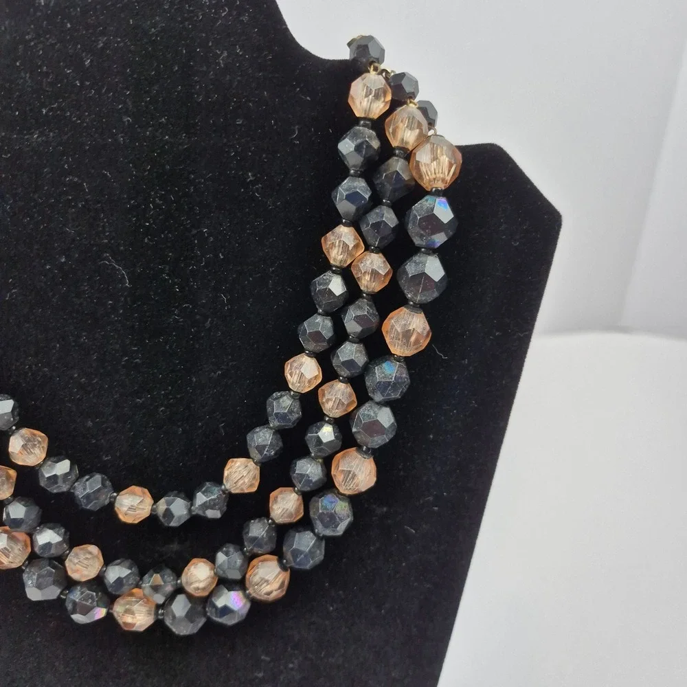 VTG West Germany‎ Art Glass 3 Strand Beaded Necklace Black Beige Choker 18